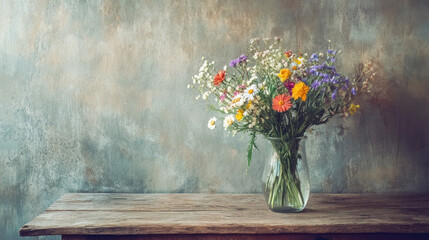 colorful summer wildflowers in glass vase on aged wood