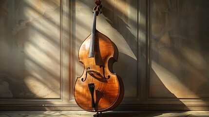 Classic double bass with its large, resonant body and polished surface, captured in an elegant setting 32k, full ultra hd, high resolution