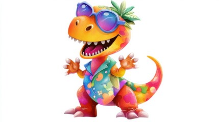 A colorful dinosaur wearing sunglasses and a Hawaiian shirt