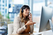 © peopleimages.com - Business woman, computer and web consultation talk with customer support and headphones at call center. Office, crm and telemarketing consultant with internet advice and help desk with online agent