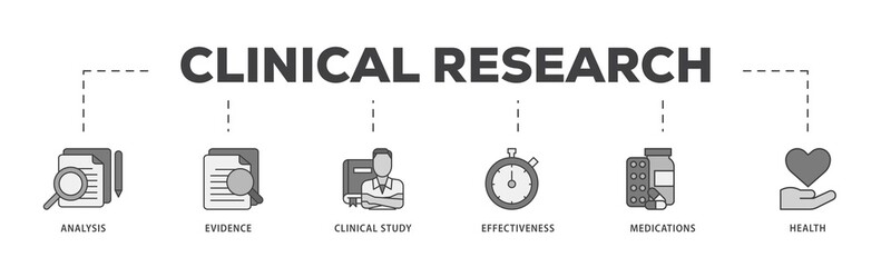 Clinical research icon infographic illustration concept with icon of analysis, evidence, clinical study, effectiveness, medications and health icon png and easy to edit 