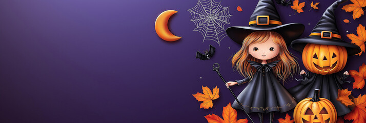 Halloween Festival : Cute witch ,witch hat,witch's wand,witch castle, orange moon ,maple leaf ,spider web , grave with copy space on gradient pink and purple background.