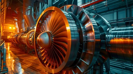 Wall Mural - A close-up view of large turbines spinning inside a modern natural gas power plant