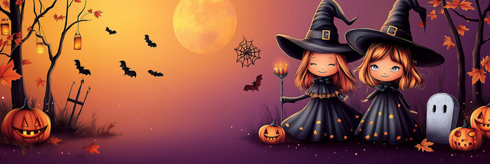 Halloween Festival : Cute witch ,witch hat,witch's wand,witch castle, orange moon ,maple leaf ,spider web , grave with copy space on gradient pink and purple background.