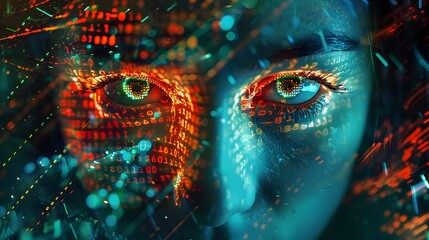 Digital portrait of a hacker with neon code projections from natural gas forming a digital vortex
