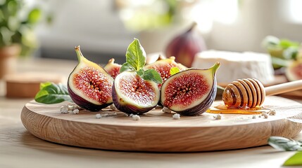 46 Juicy fresh figs on a platter, paired with goat cheese and honey, rustic and gourmet