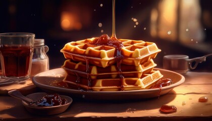 Wall Mural - a stack of Belgian waffles with jam on a plate on a dark background
