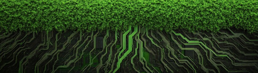 Wall Mural - Abstract green foliage growing over circuit board with wiring.