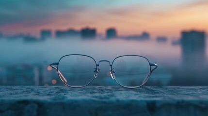 The eyeglasses on foggy cityscape