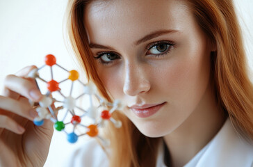 Poster - A close-up shot of an attractive female scientist holding up and examining a model chemical structure, against a white background