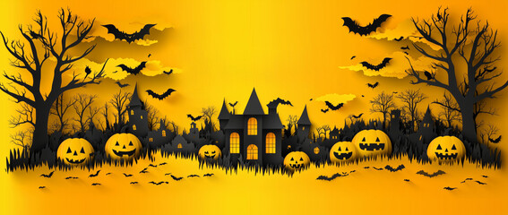 Wall Mural - A Spooky Halloween Scene Featuring Decorated Pumpkins and an Eerie Haunted House Alongside