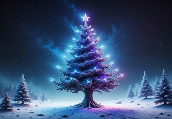 Poster - New Year's card. New Year's tree in neon lights against the background of a winter night