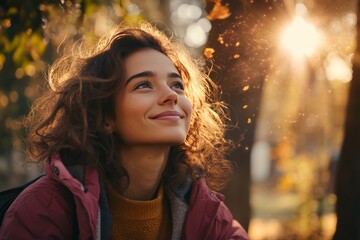 Sticker - Woman Smiling in Glowing Light Representing Happiness Positive Energy and the Radiance of Thought in a Warm Uplifting Setting