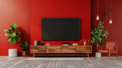 Wall Mural - modern living room design , blank TV screen living room , wooden furniture living room , red wall living room