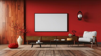 Wall Mural - modern living room design , blank TV screen living room , wooden furniture living room , red wall living room