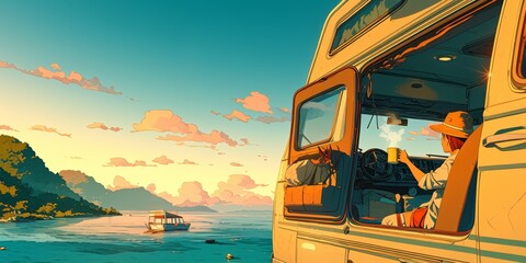 Serene Sunrise RV Lifestyle: Woman Enjoying Coffee with Ocean View. Dreamy Anime-Style Illustration of Camper Travel, Leisure, and Nature's Beauty. AI-Generated Artwork for Marketing and Graphic Desig