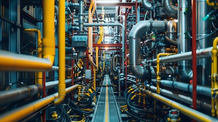 The intricate network of cables and wires connecting generators in a power plant