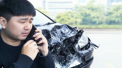close-up of a damaged car with the driver on the phone with their insurance company, calculating the