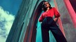 © arhendrix - Confident woman in stylish fashion a red blouse and wide leg pants stands against urban architecture, dramatic low-angle shot.