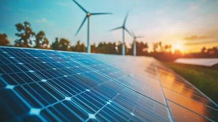 close-up of solar panels with wind turbines in the background during sunset, representing renewable 