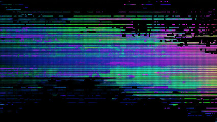 Wall Mural - vhs glitch, static lines of code, neon color scheme, dark background.