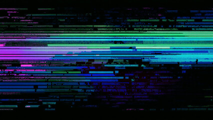 Wall Mural - VHS glitch, static lines of code, neon color scheme, dark background.