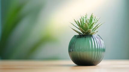 Sticker - Green succulent plant in decorative glass pot on wooden table with soft lighting