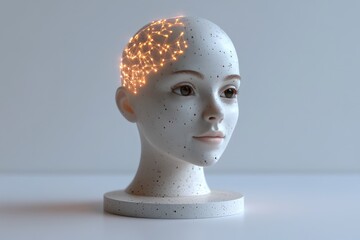 Canvas Print - Minimalist head sculpture with glowing neural networks symbolizing the fusion of human intellect and artificial intelligence in a modern futuristic setting