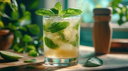 Poster - Refreshing mint cocktail served in a glass with fresh ingredients and natural lighting