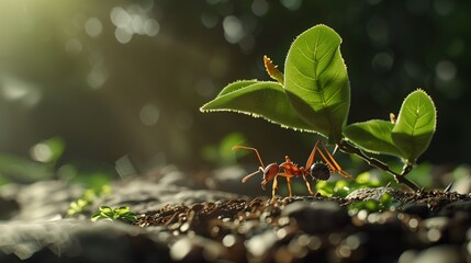 A close-up of an ant carrying a tiny seed across the forest floor.