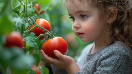 Wall Mural - Young child picking a ripe tomato in a greenhouse during a sunny afternoon