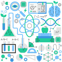 Wall Mural - Physics Chemistry Flat Line Set. Vector Illustration of Solid Colorful and Outline Education Objects. Mechanics and Optics Sign. Biology Laboratory..