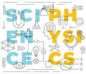 Wall Mural - Science Physics Line Concept. Vector Illustration of Education Outline Poster. Linear Laboratory Subject Sign.