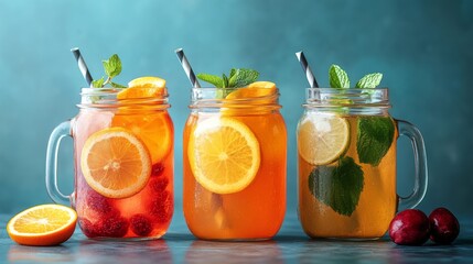 Wall Mural - Refreshing papaya drinks served in jars with fresh fruit on a wooden table in a garden