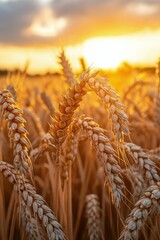 Canvas Print - Golden wheat fields at sunset in a rural landscape