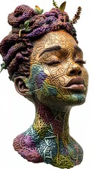 Wall Mural - 41. **A lifelike 3D render of a ceramic art portrait showcasing a thoughtful environmentalist with detailed patterns, isolated on a white background