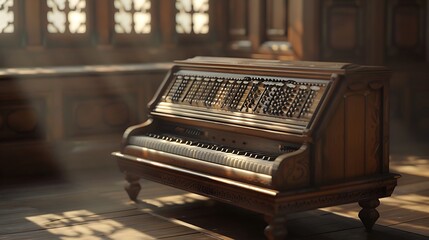 Harmonium with wooden panels and bellows, set in a serene, naturally lit room with subtle shadows. 32k, full ultra hd, high resolution