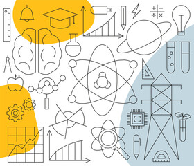 Wall Mural - Science Nuclear Physics Line Concept. Vector Illustration of Education Outline Banner. Linear Laboratory Subject Sign.