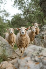 Wall Mural - Sheep grazing among rocky terrain in a serene countryside setting