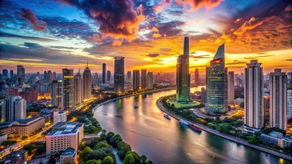 Breathtaking panoramic cityscape with majestic skyscrapers, vibrant nightlife, and serene river flowing gently through the heart of the bustling metropolis at sunset.