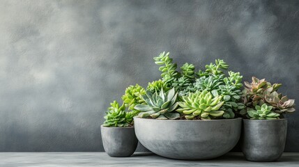 Canvas Print - A collection of potted succulents arranged on a concrete surface with soft light