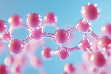 Wall Mural - Pink Molecular Bonds: A 3D render of a molecule structure with pink atoms and bonds, set against a vibrant blue background.