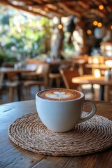 Wall Mural - Warm latte served in a cozy cafe surrounded by lush greenery in the afternoon light