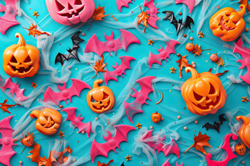 Wall Mural - A teal and pink flower shaped like a pumpkin, with an animal wearing a Halloween costume nearby.