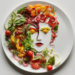 Food art. Composition on plate made of fruits and vegetables.