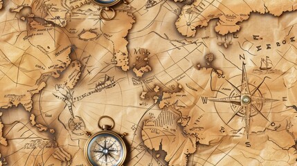 Wall Mural - Antique Compass on a Creased Treasure Map