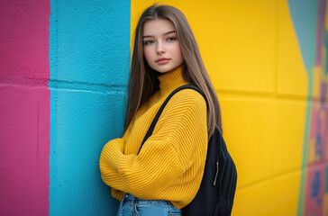 A young woman with long, straight hair wearing jeans and a yellow sweater, leaning against a pastel wall and holding a black backpack