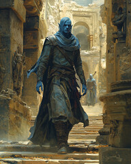 blue-skinned drow warrior walking confidently through sunlit ancient ruins