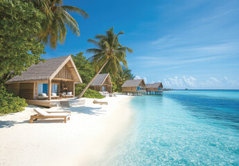 Poster - An idyllic tropical island with crystal-clear waters, white sandy beaches, and luxurious overwater bungalows