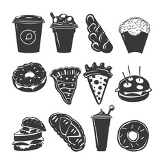 Wall Mural - Black and White Illustrations of Various Fast Food Items